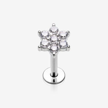 Brilliant Sparkle Spring Flower Top Internally Threaded Steel Labret-Clear Gem